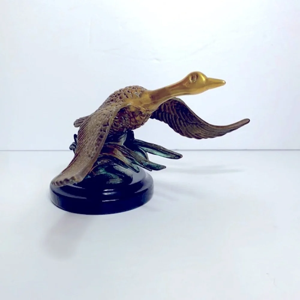 Vintage Brass Flying Goose on Pedestal Mid-century Modern Office Library Decor